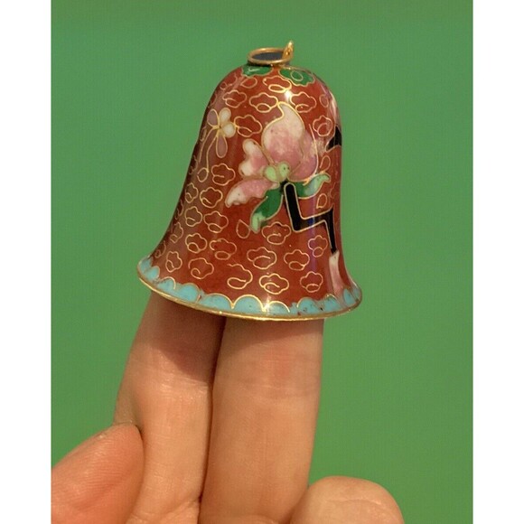 VTG Cloisonné Enameled Brass Bell Floral Design Brown Gold Toned Trim 2” High - Picture 1 of 12